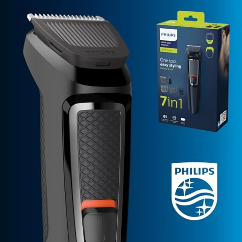 Philips 7-in-1 All-In-One Trimmer, Series 3000 Grooming Kit for Beard & Hair with 7 Attachments, Including Nose Trimmer, Self-Sharpening Blades, UK 3-Pin Plug-MG3720/33