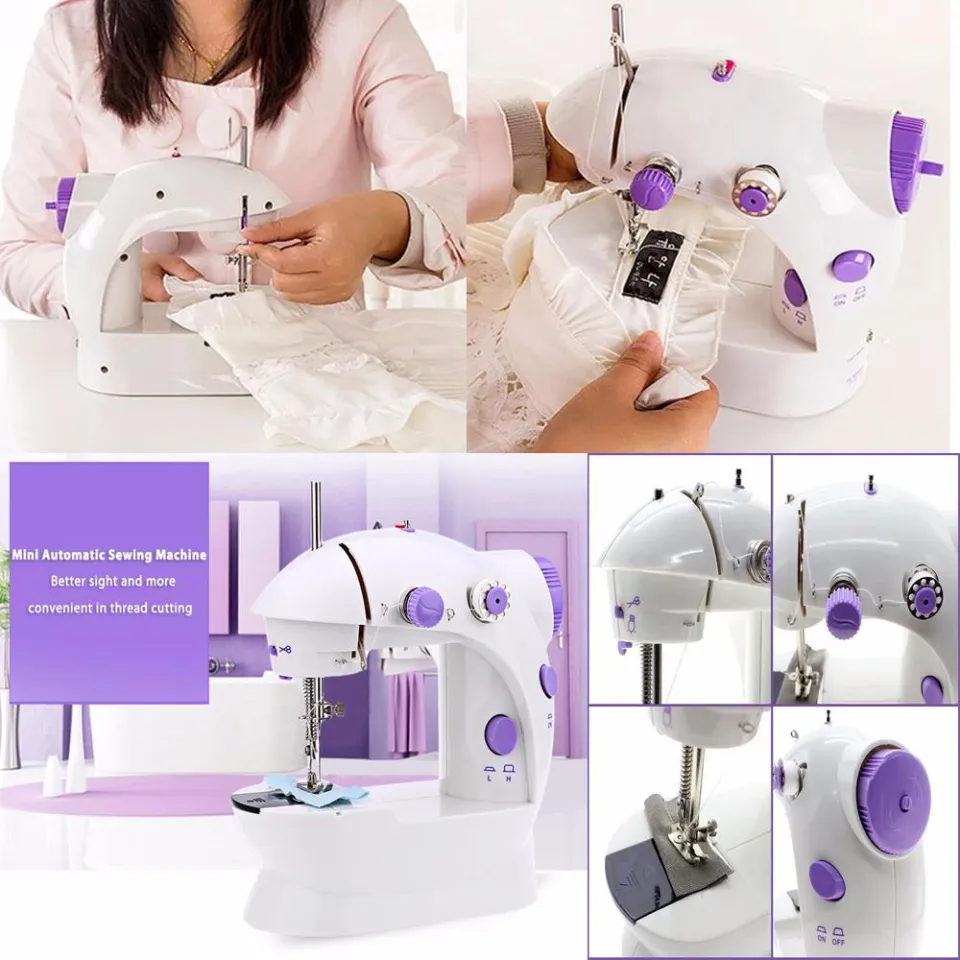 4 In One Compact And Portable Sewing Machine With Adapter And Food Pedal Mini Household Purple Electric Sewing Machine With Light 2 Speed Adjustment with Light Foot Pedal AC100-240V Double Threads Sewing Machine With Light